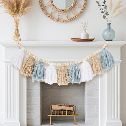 Coastal Boho Blue Tassel Garland Room Decor, Handmade Yarn Wood Beads Banner for Nursery, Baby Boy Shower Decorations for Wall Hanging, Classroom Decor, Birthday Party and Photo Backdrop