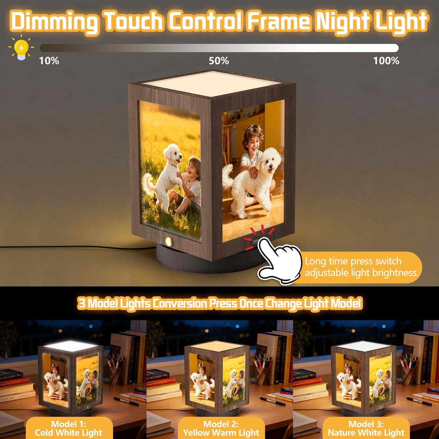Mixoo 4x6 Picture Frame Light, Vintage Rotating Photo Frame Tabletop Lamp, Touch Desk Lamp for Bedroom Bedside, Table lamps for Office Family Retirement Anniversary Birthday Gifts (Wooden Brown)