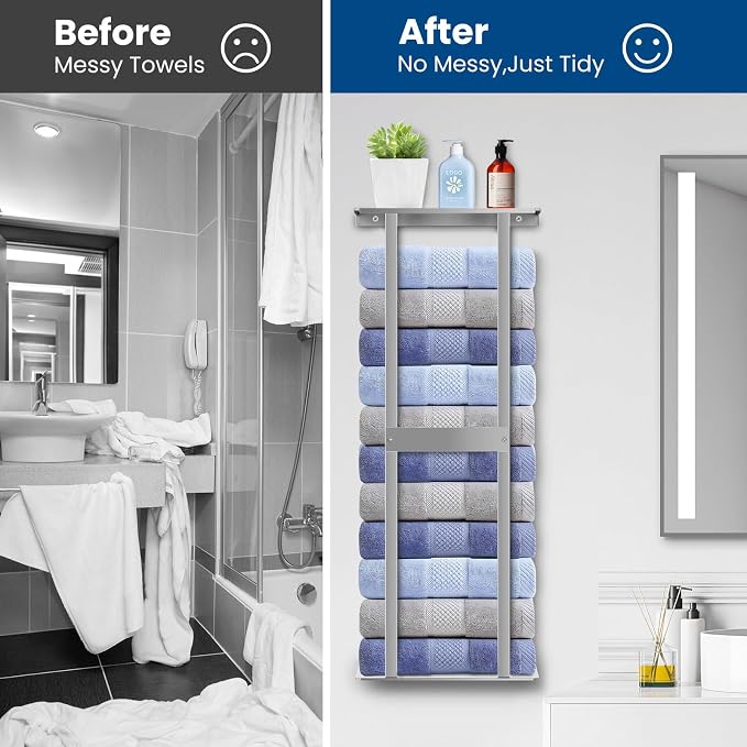 Bathroom Towel Storage Rack, Wall Mounted Bathroom Towel Rack, 30 inch Heavy Duty 6 Large Towels, Wall Mounted Towel Rack for Rolled Towels, Silver