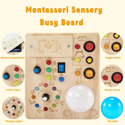 IRUPEN Montessori Busy Board for Toddlers 1-3 Year Old, Sensory Activity Toys for Baby Aged 1 2 3 Years Old with LED Light Switches, Wooden Travel Toys for Boys Girls Gift (Tap Light Busy Board)