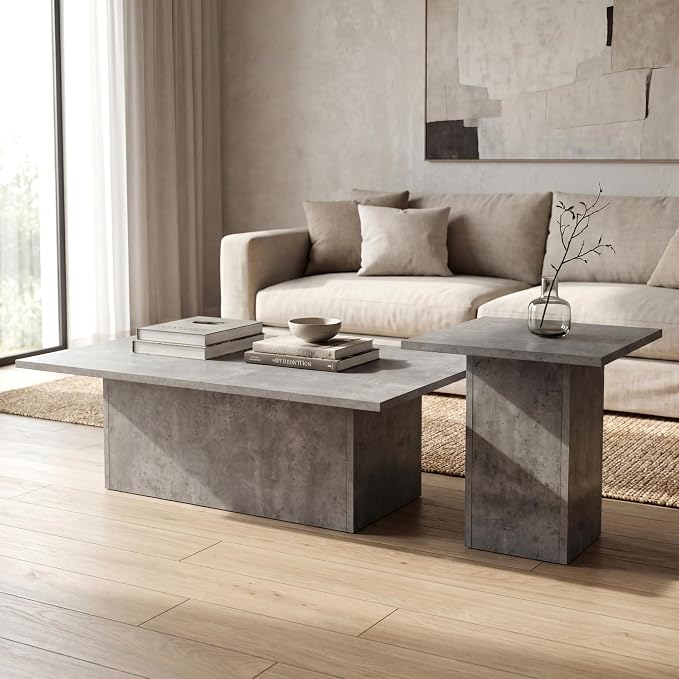 HNY Modern Rectangular Coffee Table Grey Large Center Table 47" Wooden Tea Table Concrete Texture Finish for Living Room, Reception Room, Home Office,Industrial Minimalist