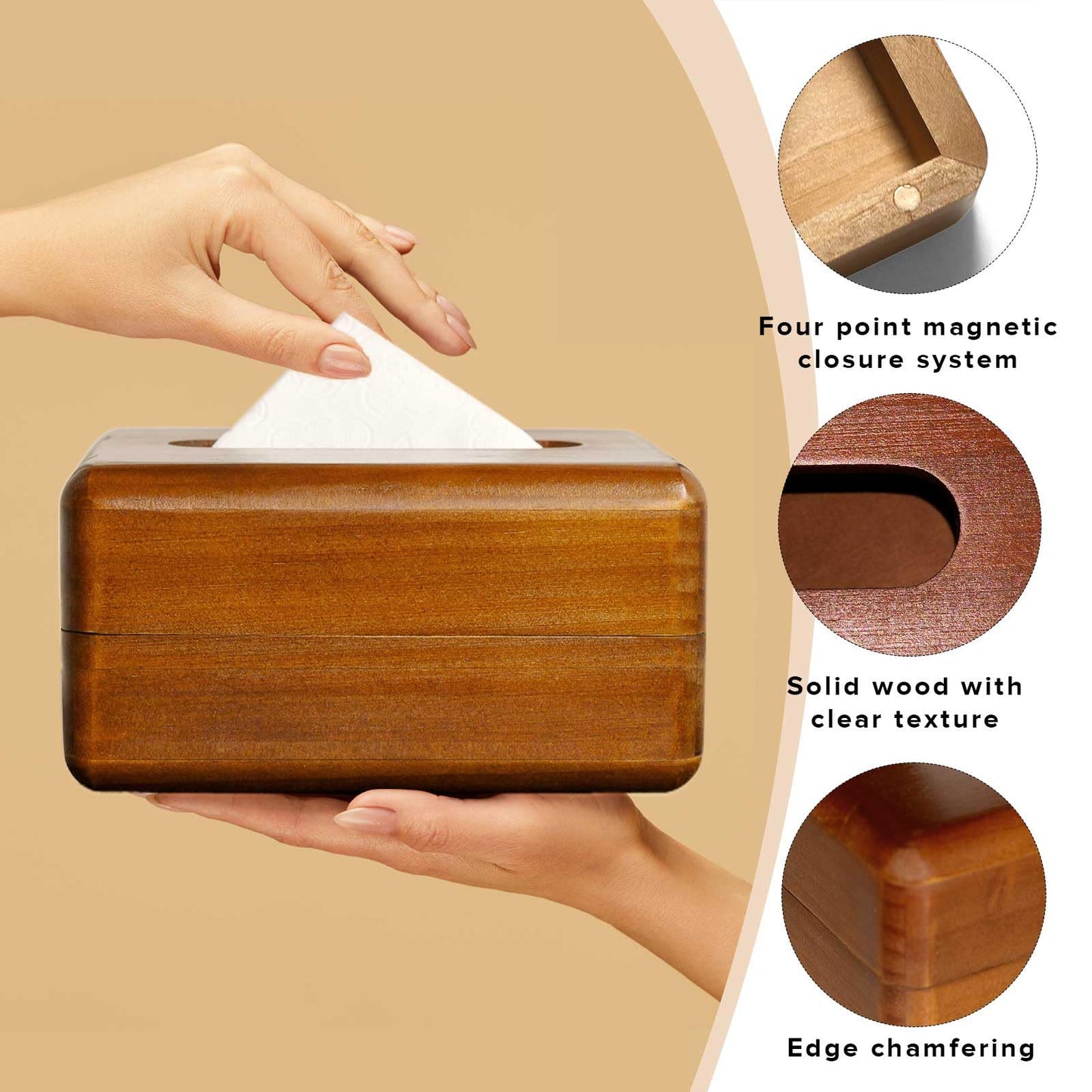 LZMS Wood Magnetic Tissues Box, Solid Decorative Napkin Holder with 4-Point Magnetic Closure for Bedrooms,Dining Rooms,Carriages,Hotels,Offices,etc,7.3 x 5.1 x 3.5 in