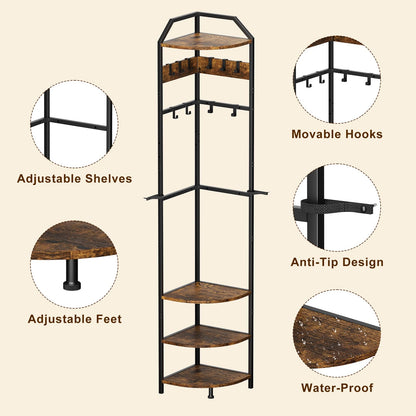 X-cosrack Corner Hall Coat Tree Freestanding with 10 Movable Hook, Shelf-Adjustable Coat Rack Stand for Purse, Hat, Bag and Shoe, Narrow for Small Space Living Room Bedroom Office Entryway Storage