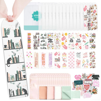 YOPPIX 6x2” Acrylic Bookmark Blanks- 20 Set Bookmark Making Kit with 20 UV DTF Stickers About Booklover Theme 20 Ribbon 80 Bookish Stickers for DIY Your Crafts Gift for Book Lover