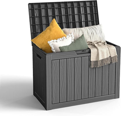 Vixzen 45 Gallon Waterproof Large Deck Box, Lockable Resin Outdoor Storage Box with Hydraulic Lid, Durable Storage Bin for Patio Furniture Cushions, Garden Tools, Pool Accessories, Balck