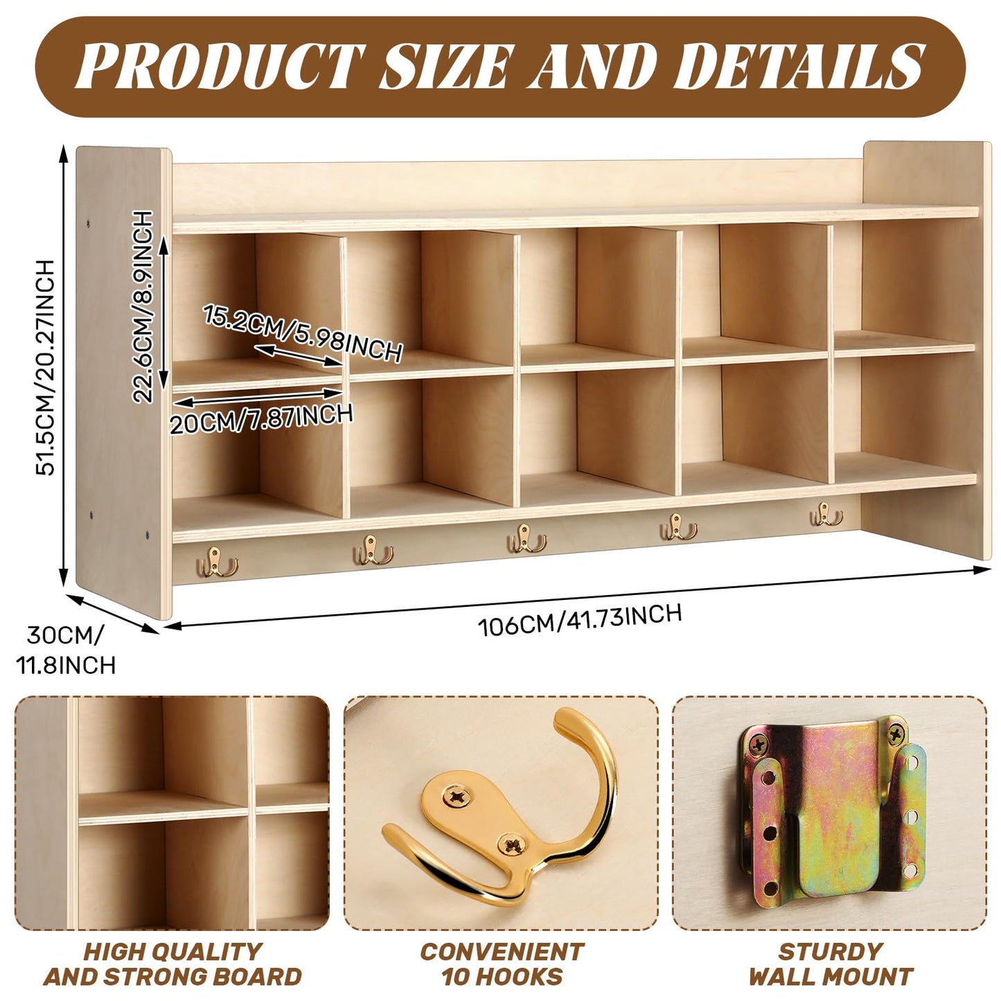 Colingmill Wall Cubbies 10 Section Hanging Cubby Storage Organizer with Coat Hooks Wooden Daycare Storage for Classroom School Kindergarten Kids Toys