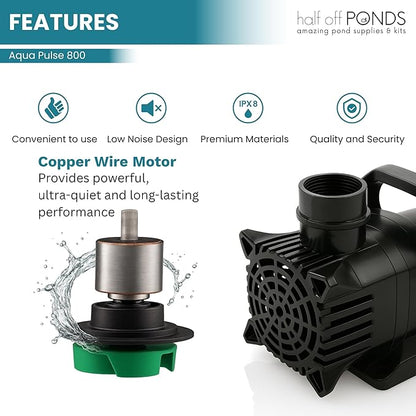 HALF OFF PONDS Submersible Water Pump, 800 GPH Pond Pump with 33FT Power Cord and 13FT Max Head, 82W Ultra Quiet Energy Efficient Pump for Koi Pond, Fountain, Waterfall, Water Garden, Skimmer
