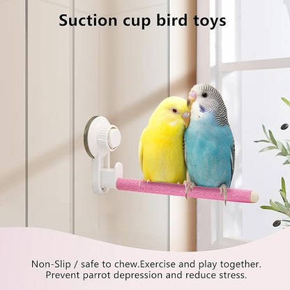 Suction Cup Bird Perch,Wooden Parrot Window/Mirror/Car/Travel/Shower Perches Stand Quartz Portable Parakeet Grinding Stick Training Toys for Small and Medium Birds(Pink)