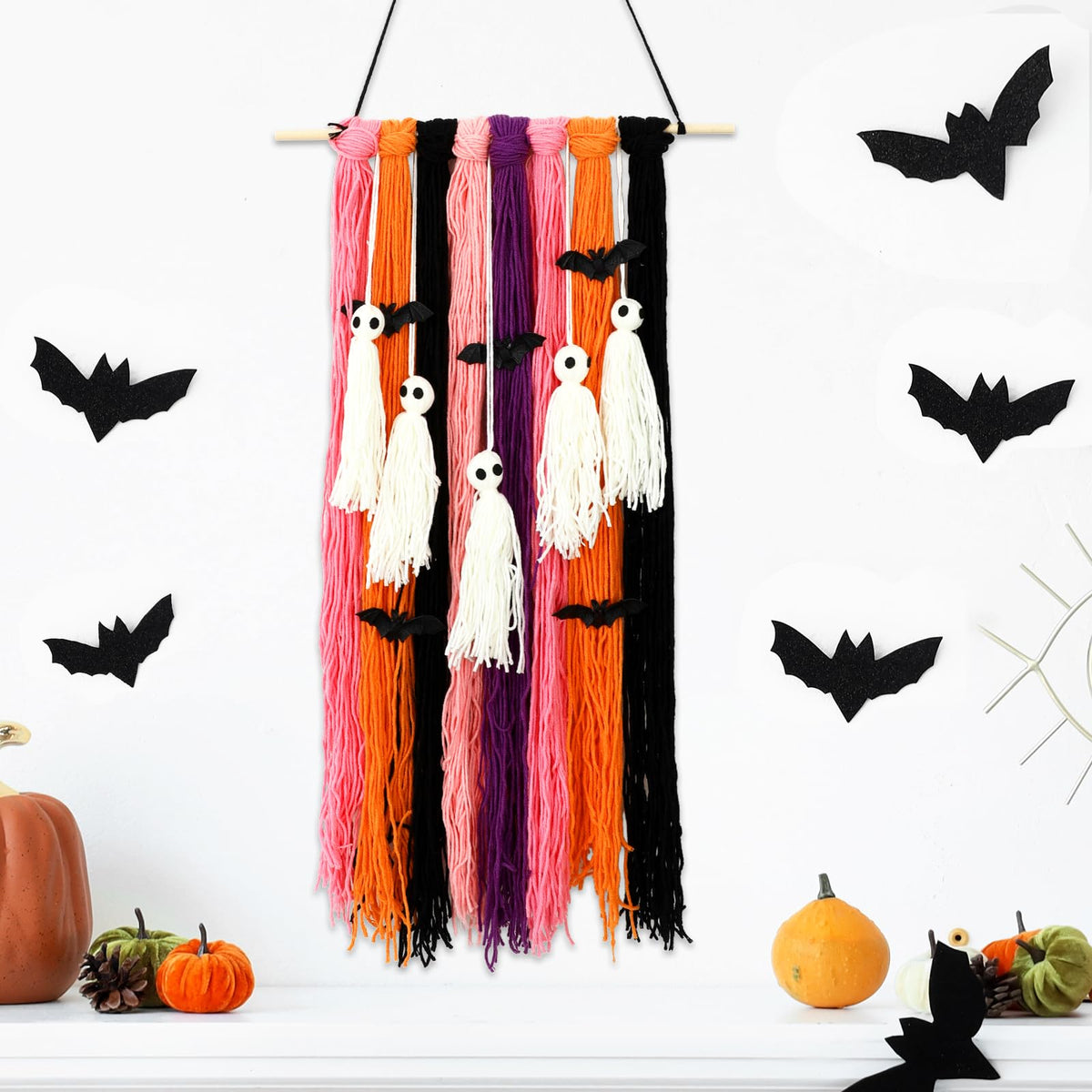 FYSUIMU Halloween Decorations Ghost Wall Hanging Cute Ghost Bat Woven Flag Banner for Wall Home Indoor Outdoor Party Supplies Spooky Season Decor