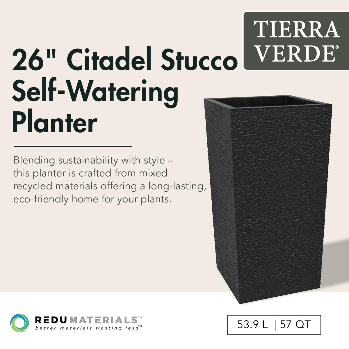 Tierra Verde Indoor & Outdoor Self-Watering Square Planter, Citadel Stucco, 13.5" x 26", Black - Planting Containers for Plants and Flowers - Gardening and Landscaping Accessories