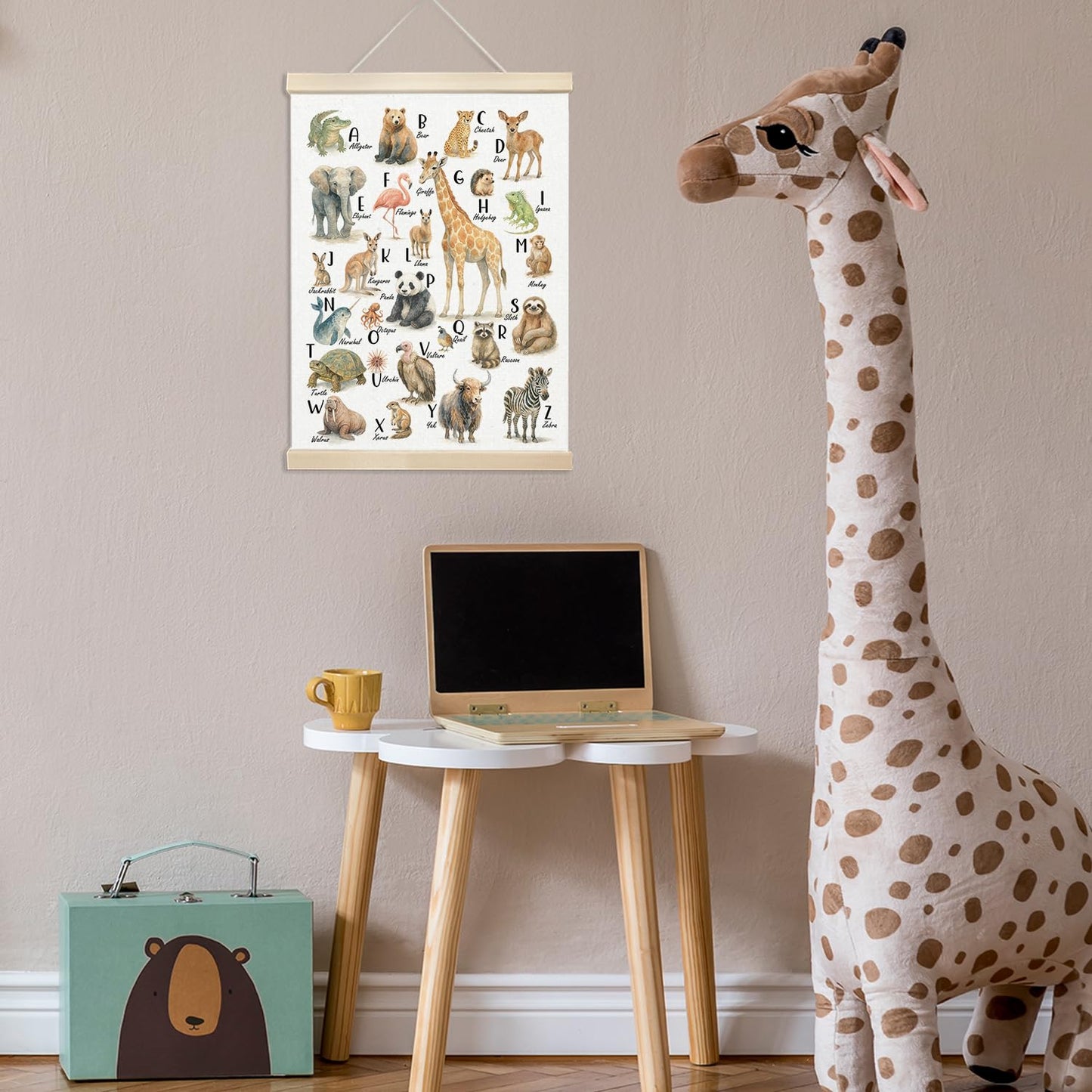 Xmsaitar Classroom Animals Zoo Alphabet Poster Hanger Frame Wall Decor, Cute ABC Prints for Wall Hanging Decor Art, Nursery Educational Banner for Kids Toddler Room Dorm Playroom Preschool 12x16in