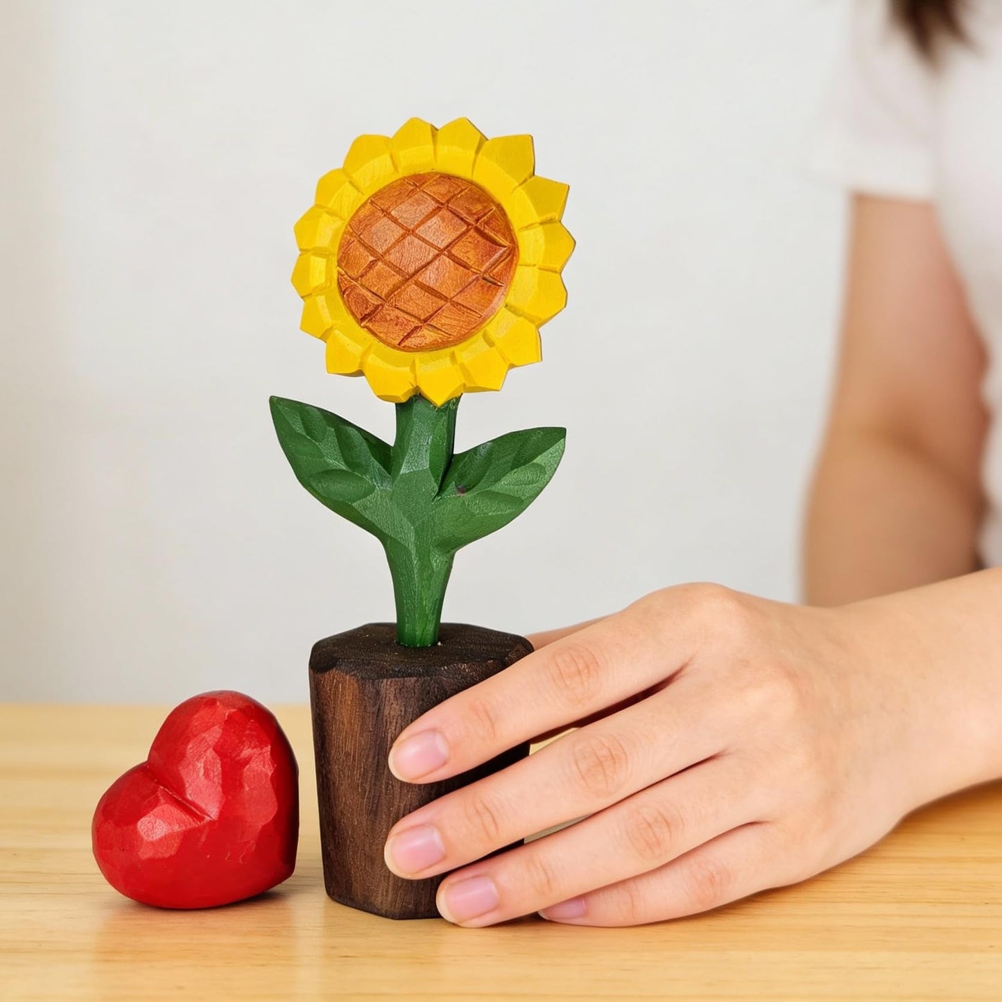 WOODEN ISLANDS Hand-Carved Wooden Flower with Red Heart - Handcrafted Everlasting Wood Sculpture - 5th Anniversary, Valentine's Day, Birthday Gift for Her - Gift Box Included (Yellow Sunflower)