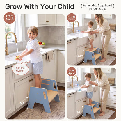 WINGYZ Toddler Step Stool, 3-Height Adjustable Wooden Stool for Kids, FSC & ASTM Birch Marine Plywood, 200lb Capacity, Bathroom Sink Independence, Kitchen Potty Training, Light Blue