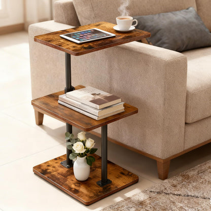 LAIDUOLEOE Swivel Side Table for Couch, 3 Tier Small End Table Adjustable Height with Rotatable Tray, Space Saving Nightstand with Storage Shelf for Living Room, Bedroom, Small Spaces