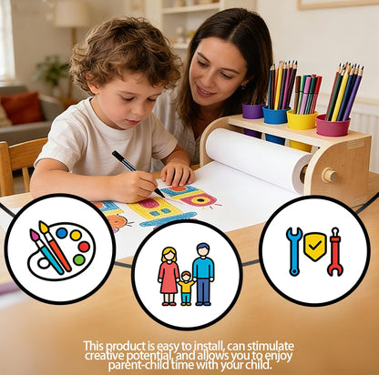 Leemeexaa Wooden Tabletop Paper Roll Holder Art Paper with Roll Dispenser 11.4" x98.4ft and Four Pencil Barrel Art Easel for Drawing,Graffiti Art Paintings Suitable for Homes, Schools or Playroom