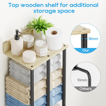 WeGXY Towel Racks for Bathroom Wall Mounted, 3 Bar Wall Towel Rack for Rolled Towels, Metal Towel Holder with Wooden Shelf, Sturdy and Large Capacity, Towel Storage Organizer