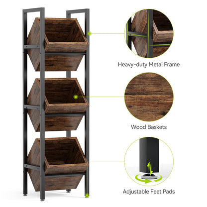 LITTLE TREE 3-Tier Basket Stand, Wooden Floor Stand Shelving Unit, Standing Organizer Storage Rack for Kitchen, Bathroom, Living Room (Rustic)