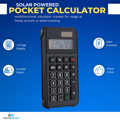 1InTheOffice 10 Digit Pocket Calculator, Dual Powered Handheld (Solar and Battery), Black, 1 Pack