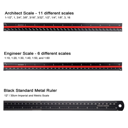 OwnMy 3 Pack 12 Inch Solid Aluminum Triangular Architect Scale Ruler Set, 3-Colors-Groove Architectural and Engineer Scale Metal Ruler Set, Clear Scales Drafting Rulers for Engineer Blueprint Project
