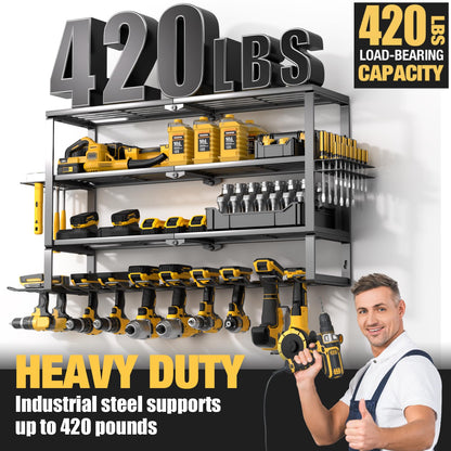 YYR Large Power Tool Organizer Wall Mount, Heavy Duty Metal Cordless Drill Storage Rack with Battery Charging Station Shelf, Utility Racks for Garage Organization, 4 Layer 10 Drills Holder Extra Tall