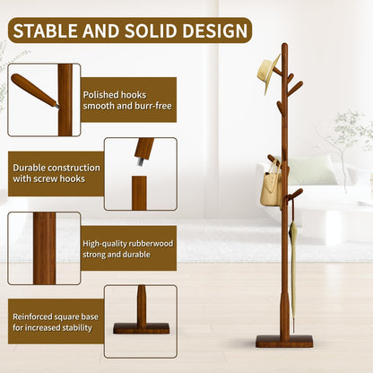 Awatiwa Solid Wood Square Base Coat Rack, Free Standing Hall Coat Tree with 8 Hooks（+2 spare for Coats, Hats, Bags, Purses, for Entryway, Hallway, Rubberwood Hooks,Base and Pole,(Square Base,Brown)
