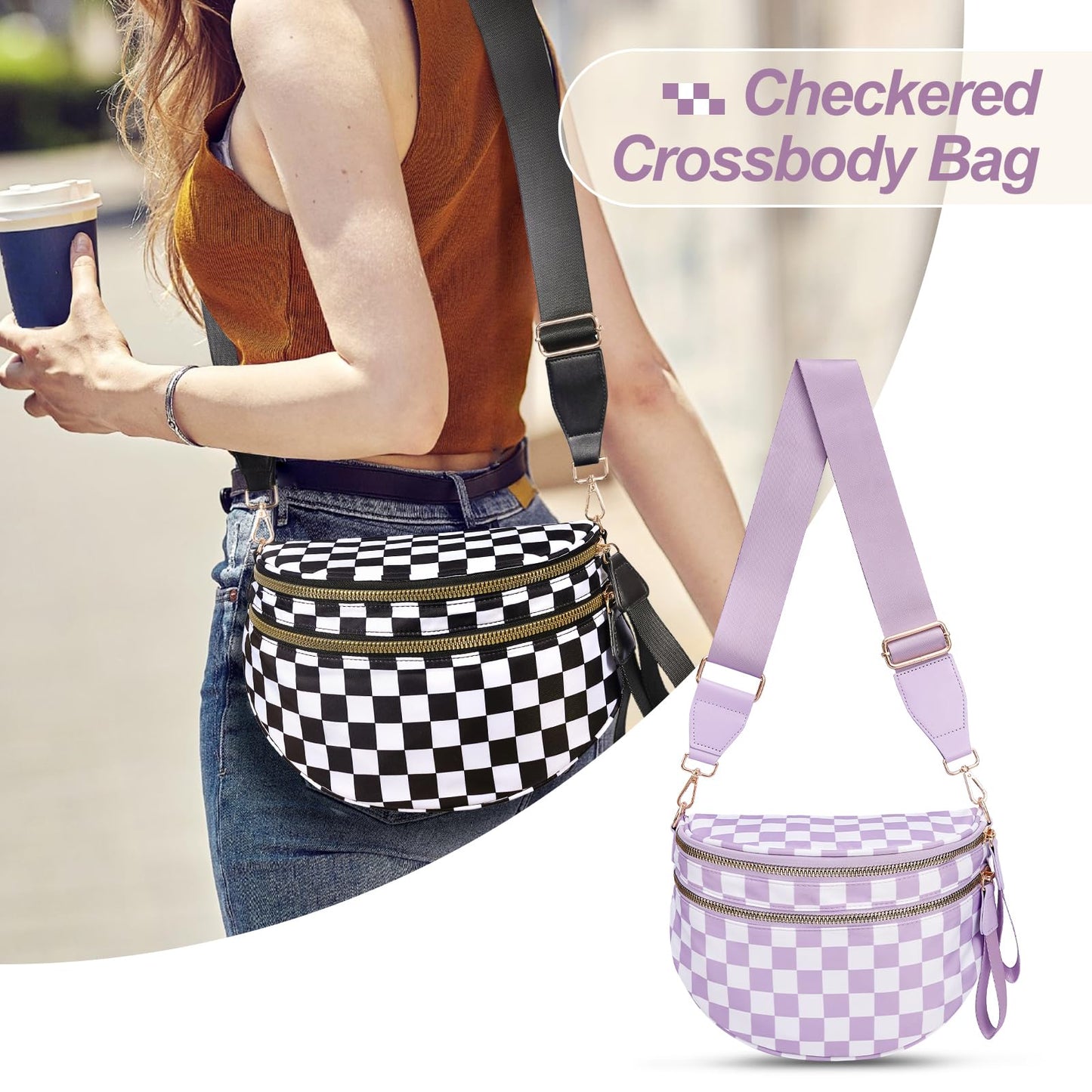 Checkered Crossbody Bag,Nylon Bum Bags for Women Crossbody,Spacious Sling Bag Purse Fanny Packs with Shoulder Strap
