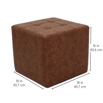 Factory Direct Partners Tufted Square Accent Ottoman; Distressed Faux Leather, Hand Upholstered Commercial-Grade Furniture for Home or Office; Seating, Footstool, Side Table Use - Hazelnut, 13381-322