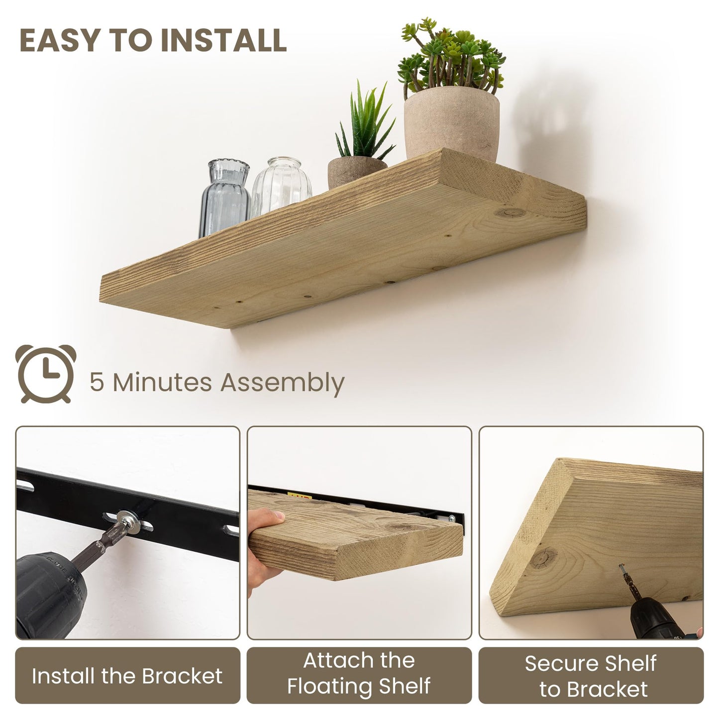 Acovy 24/30/36/40/48/55/72" Unfinished Solid Reclaimed Wood Floating Shelves, Rustic Heavy-Duty Wall Shelves, 8" Deep Floating Shelf for Living Room, Bathroom, Bedroom and Kitchen, Natural