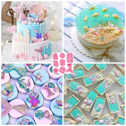 8 PCS Marine Theme Fondant Silicone Mold Seashell Seaweed Sea Fish Coral Conch Sea Turtle Shape DIY Handmade Baking Tools for Cake Cookie Chocolate Candy Decoration Crafts Polymer Clay