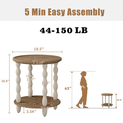 Round End Table, 2-Tier Farmhouse End Table, 18.5'' Handcrafted Weathered Look Wooden Nightstand, Pine Leg, Small Side Tables for Living Room, Small Space, Bedroom, Boho, Easy Assembly, Cream Beige