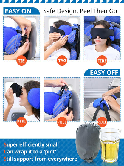 SARISUN Travel Pillows for Airplanes, Airplane Pillow for Sleeping with 3D Eye Mask, 360° Headrest for Long Flight, Road Trip, Stop Bobblehead Relieve Neck Pain, FSA HSA Eligible Approved, Blue