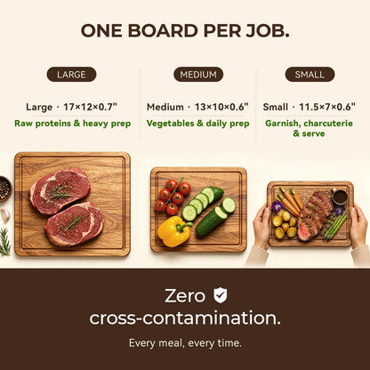 Acacia Wood Cutting Board Set of 3 for Kitchen — Non-Toxic, Kiln-Dried & Pre-Oiled 3x | Warp-Resistant Solid Acacia with Juice Groove, Handles & Anti-Slip Feets | Large Medium Small