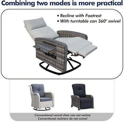 Outdoor Recliner Chair Set of 2, Wicker Patio Recliners with Adjustable Backrest and Extended Foot Rest, Reclining Patio Chairs with Flip Table & Removable Cushion Cover for Porch