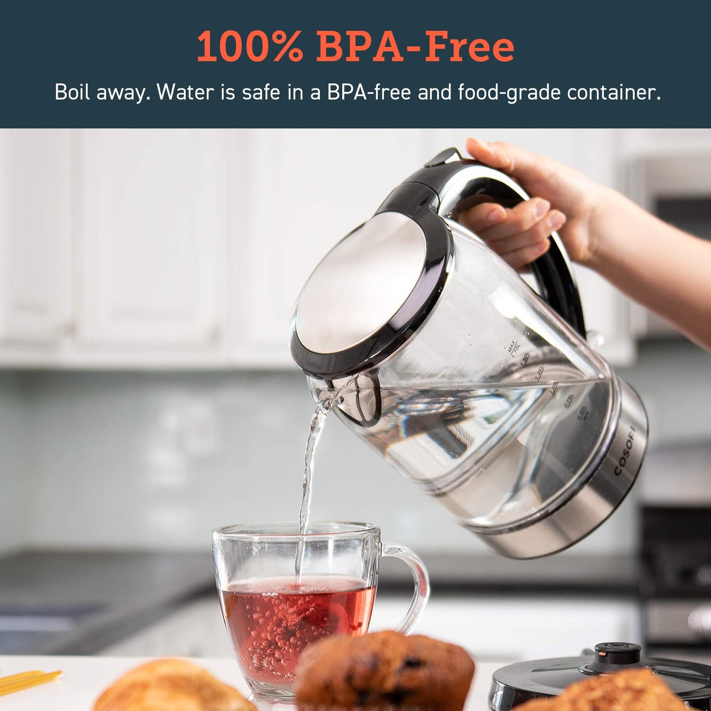COSORI Speed-Boil Electric Tea Kettle, 1.7L Hot Water Kettle (BPA Free) 1500W Auto Shut-Off & Boil-Dry Protection, LED Indicator Inner Lid & Bottom, Transparent