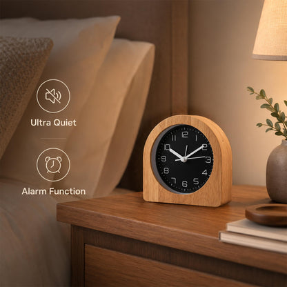 bakbrand Analog Alarm Clock 5" Silent Non-Ticking Small Solid Wood Desk Clocks Battery Operated Simple Style Retro Table Clock for Office/Bedroom/Kitchen/School/Bedside/Shelf (Light Wood, Arch)