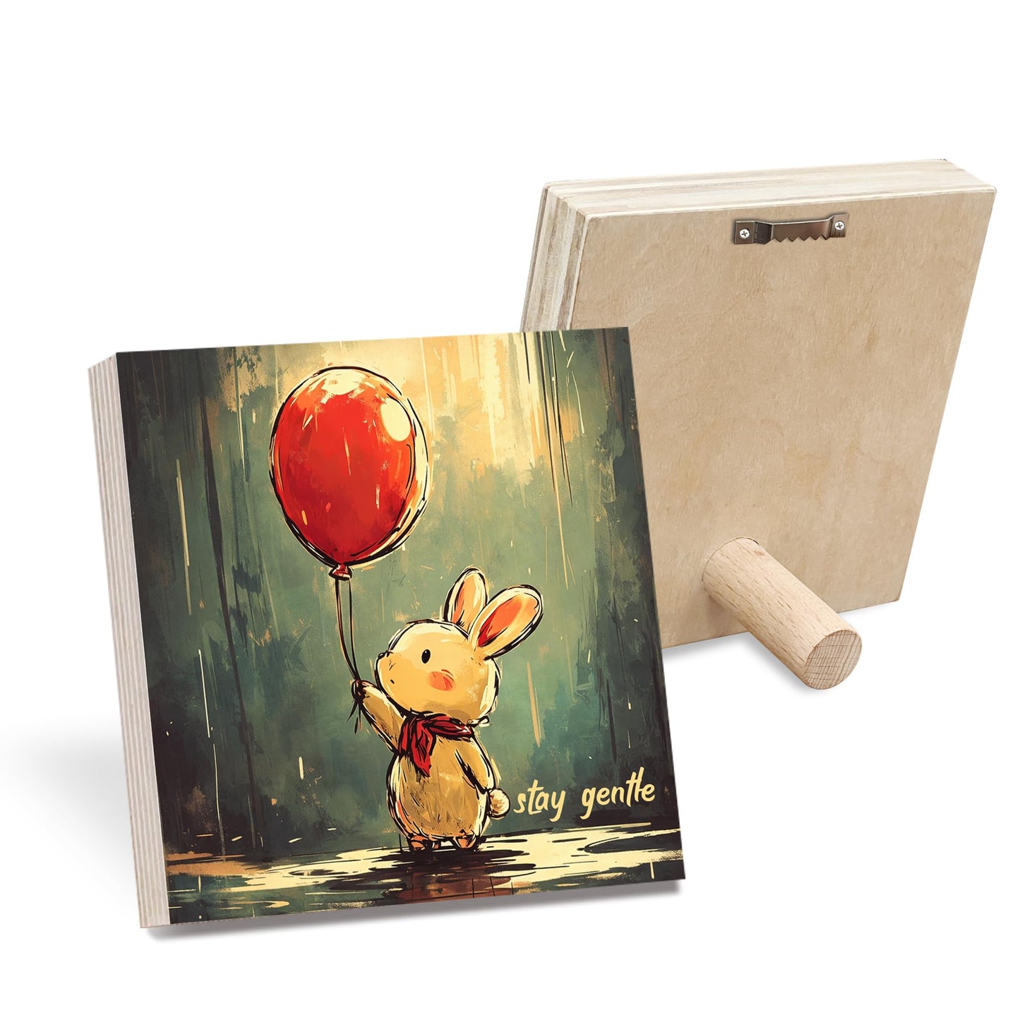 Cute Bunny Wooden Block Sign, Whimsical Balloon Rabbit Art Shelf Sitter, Nursery Kids Room Table Mantel Decor, Adorable Home Accent Gift