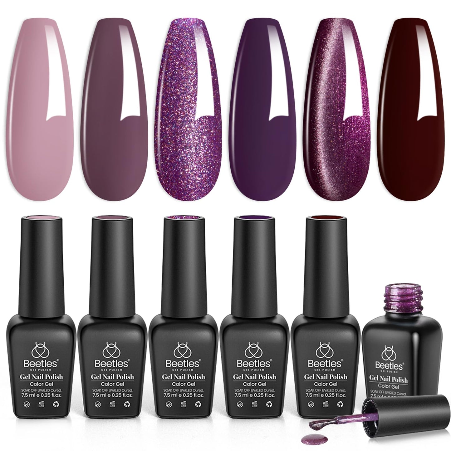Beetles Cat Eye Gel Nail Polish Set, 6 Summer Colors Pastel Shimmer Glitter Gel Polish Kit Soak Off LED UV Curing Requires Pink Red Blue Orange Green Purple Velvet Gel with Magnet Gift for Women