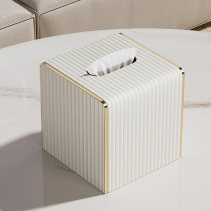 Tissue Box Cover,White Square Leather Tissue Box Holders with Gold-Tone Edging Decoration, Tissue Vessel for Bathroom Toilet Bedroom Living Room Table Desk Office,Modern Home Decor