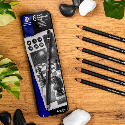 STAEDTLER Mars Lumograph Black Drawing Pencils Set: 6 Pack – Carbon Blend for Deep Black Tones, Professional Artists Pencils, 8B–HB Grades, Storage Tin, For Sketching, Shading & Fine Art Drawing