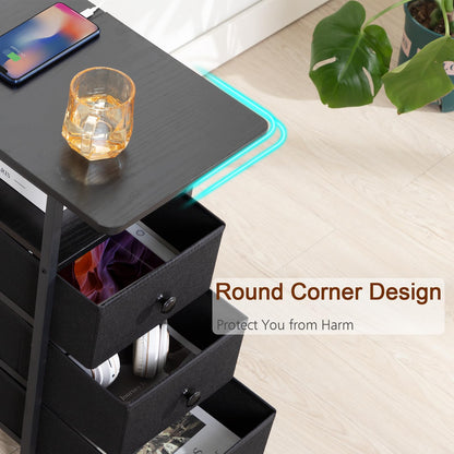 AMHANCIBLE End Tables Living Room with Charging Station, Narrow Side Table with USB Ports and Outlets, Slim Nightstand with 3 Fabric Drawers for Bedroom, Small Space, Black, HETN013BK-1
