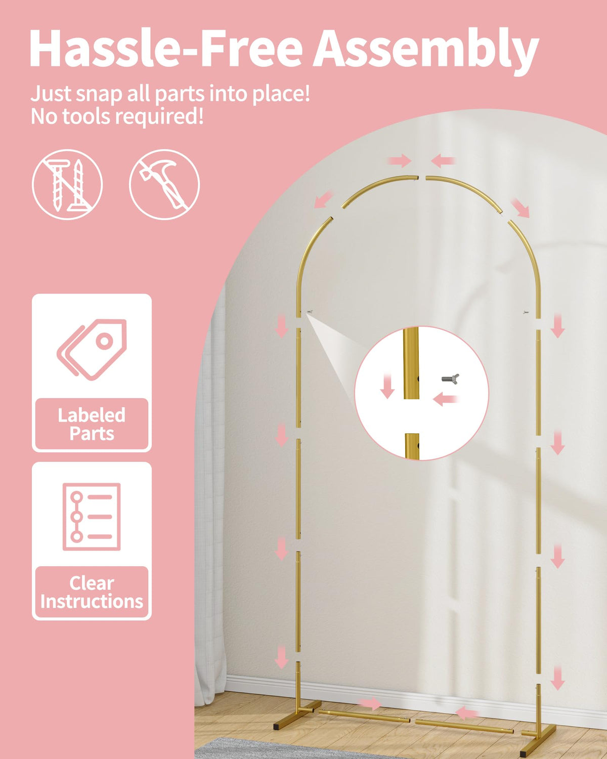 Pureegg Gold Metal Arch Backdrop Stand Set of 3 (7.2ft & 6.0ft & 6.0ft), Wedding Balloon Arch Stand with Stable Base, Backdrop Frame & Cover for Party, Birthday, Graduation, Photo Booth, Easy Assembly