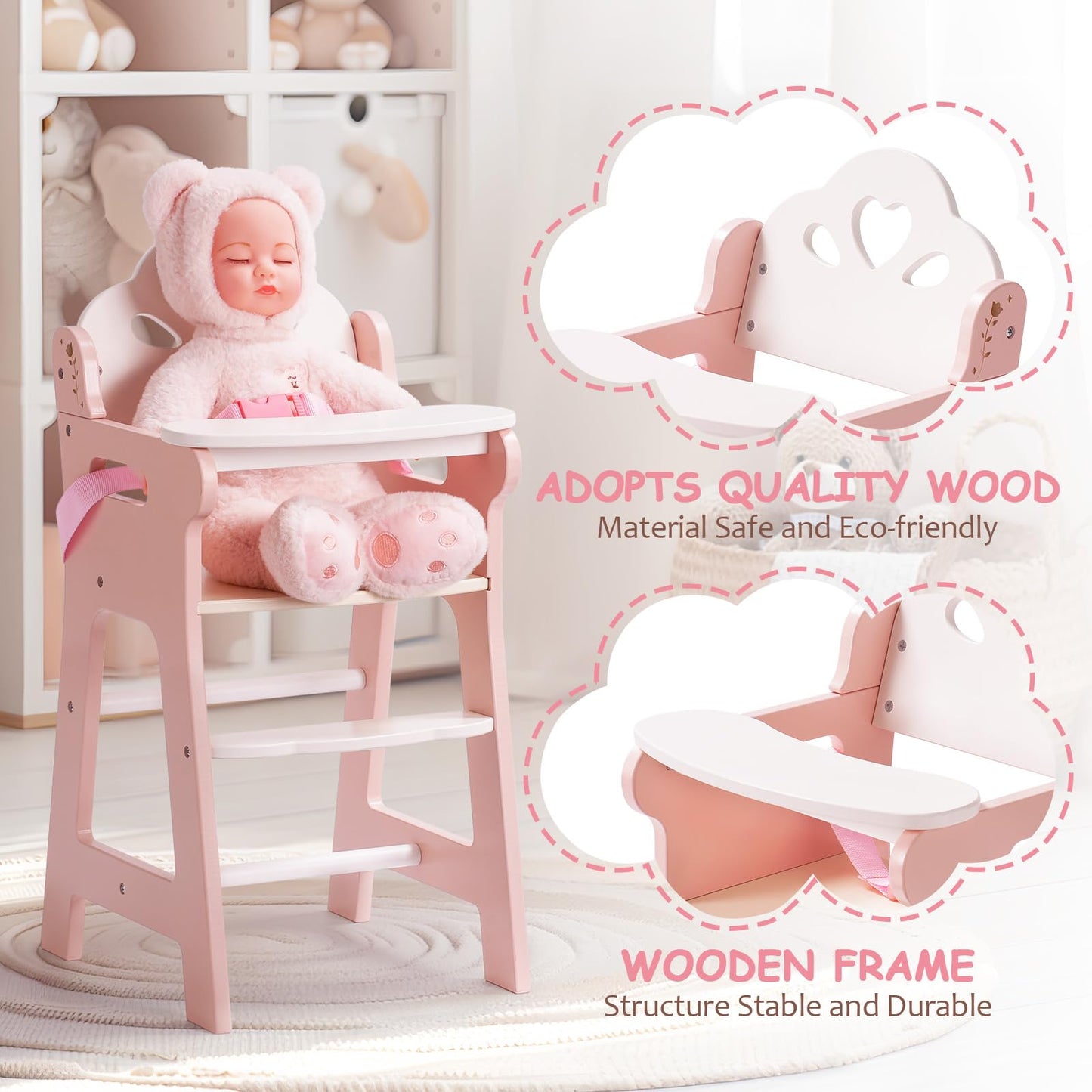 ROBOTIME Baby Doll Cradle and High Chair Set, Wooden Baby Doll Furniture with Rocking Crib and Feeding Chair, Fits 18-20 Inch Dolls, Pretend Play Toys for Girls Ages 3+