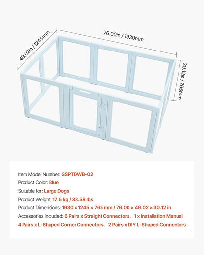 VEVOR Clear Acrylic Dog Playpen Indoor, 76x49x30 in Plastic Pet Playen for Large Sized Dogs, Easy Assemble Waterproof Puppy Playpen, Easy to Clean, Durable Indoor Pet Dogs Cats Fence Kit
