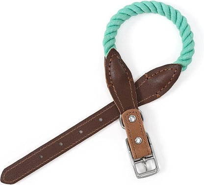 Mile High Life Genuine Leather Dog Collar, Durable Braided Cotton Rope Collar with Metal Pin Buckle for Small Medium Large Dogs (Green, M Neck 15"-18")