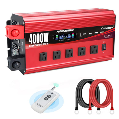 Cantonape 4000W Power Inverter 12V to 110V/120V DC to AC with LCD Display, Remote Controller 5 x AC Outlets and 4 x 3.1A USB Car Adapter for Car Truck Boat RV Solar System