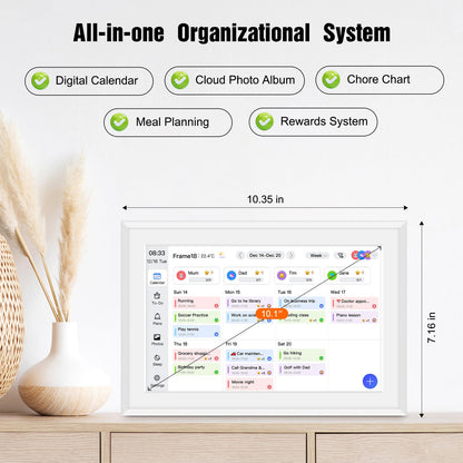 10.1" Smart Digital Calendar and Cloud Photo Frame Wall Planner with Chore Charts Meal Planning 32GB Storage 1280x800P IPS Touchscreen Desk Calendar Interactive Display for Family Schedules White