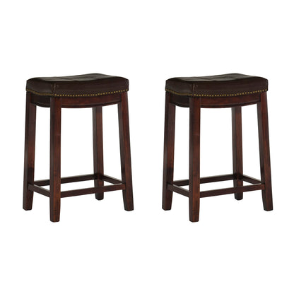 Linon Kingston Brown Wooden Backless 26.5 Inch Seat Height Counter Stool with Brown Faux Leather Upholstered Seat and Nailheads