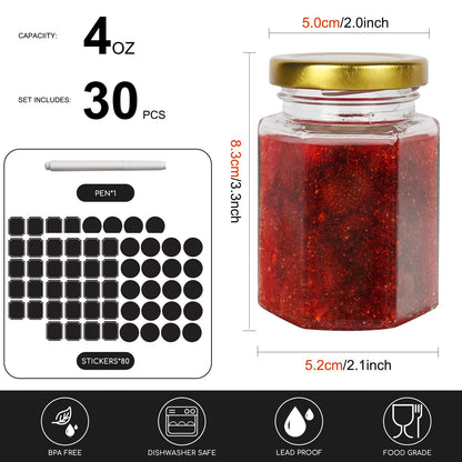 Keketin 4 oz Hexagon Glass Jam Jars with Gold Lids,30 Pack Canning Jars for Jams,120ml Small Glass Honey Jar for Food Storage,Spices,Sauces,Baby Foods,Wedding Favors and Jars Crafts