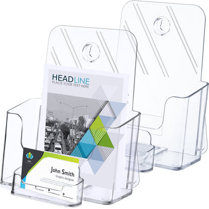 Remerry 2 Set 6.5 Inch Acrylic Brochure Holder with Business Card Pocket, Wide Bifold Clear Brochure Display Stand Flyer Holder for Pamphlet Literature Magazine Booklet, Desk or Wall Mount Display