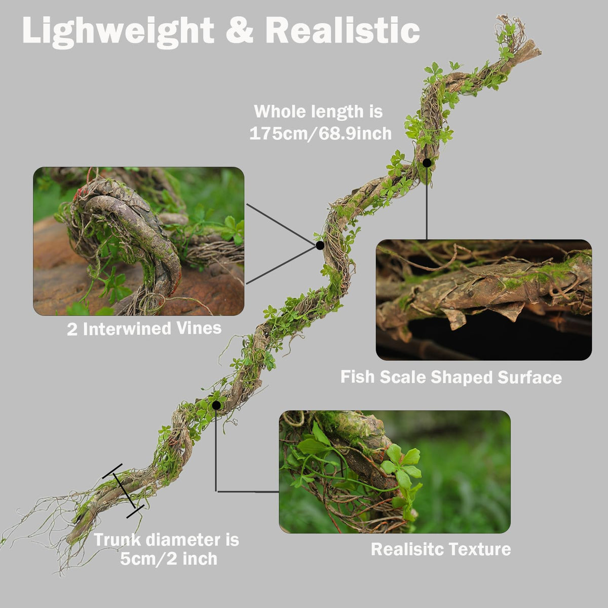 68.9inch Flexible Realistic Artificial Greenery Moss Garland Reptiles Vines Spooky Tree Branches Twigs for Jungle Theme Halloween Easter Thanksgiving Mantle Hanging Home Patio Wedding Arch Decor